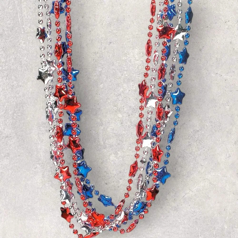 48 Metallic Patriotic Star Bead Necklaces Red Silver Blue Party Favors USA